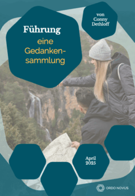Cover der Veröffentlichung 'Führung: eine Gedankensammlung' von Conny Dethloff mit grafischen Elementen.